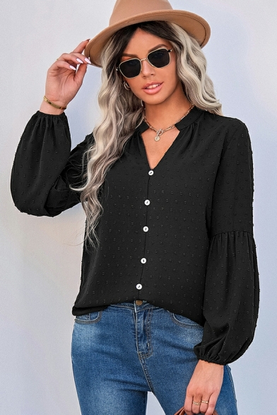 Casual Blouse Solid Color V-Neck Bishop Sleeve Blouse for Women