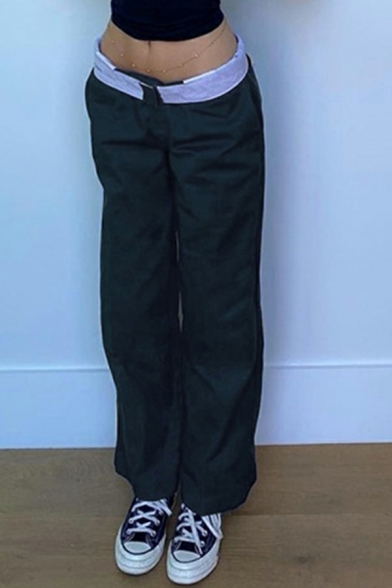 Casual Pants Solid Color Mid Waist Straight Long Length Zip Placket Pants for Girls
