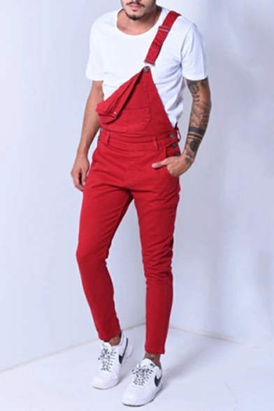 Cool Overalls Solid Colored Pocket Design Sleeveless Skinny Ankle Length Overalls for Men