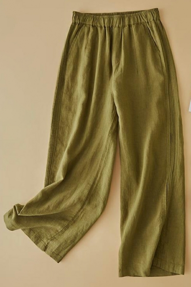 Cozy Ladies Pants Whole Colored High Elastic Waist Loose Long Length Linen Pants