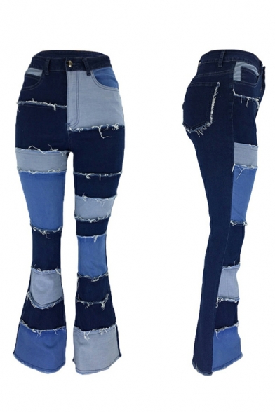 Girls Original Jeans Color Block Ripped Mid Waist Long Length Zipper Flare Jeans
