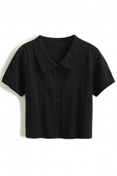 Original Ladies Polo Shirt Solid Button down Short Sleeves Spread Collar Crop Polo Shirt