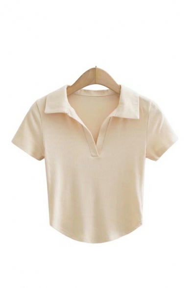 Retro Women Polo Shirt Plain V Neck Short-sleeved Curved Hem Crop Polo Shirt