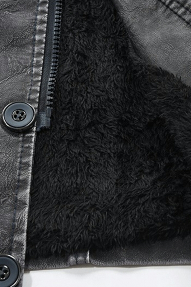 Street Look Men Jacket Solid Pocket Stand Collar Regular Long Sleeve Zipper Leather Jacket