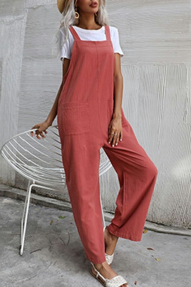 Urban Ladies Bodysuit Plain Pocket Detailed Sleeveless Long Length Overalls Bodysuit