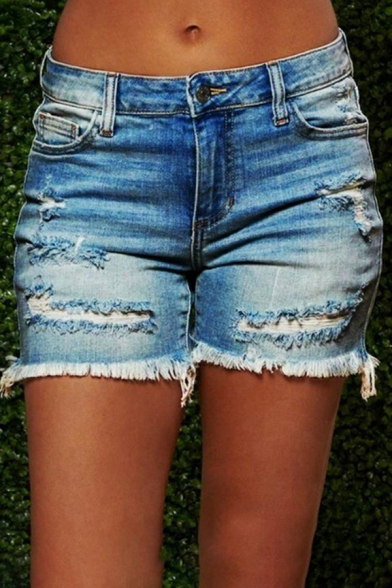 Urban Shorts Solid Color Ripped Mid Waist Slimming Zip Placket Denim Shorts for Ladies