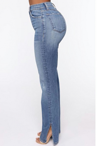 Women Retro Jeans Skinny Solid Color Split Detail Long Length High Rise Zip up Jeans
