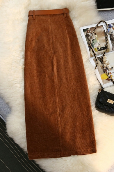 Women Retro Skirt Solid Color Slit Detail High Rise Belt Corduroy A-Line Skirt