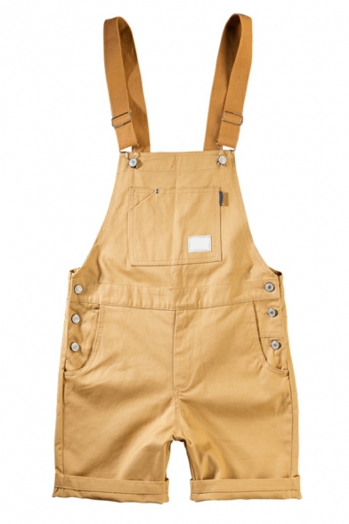 Boyish Guys Overalls Chest Pocket Whole Colored Sleeveless Relaxed Short Length Overalls