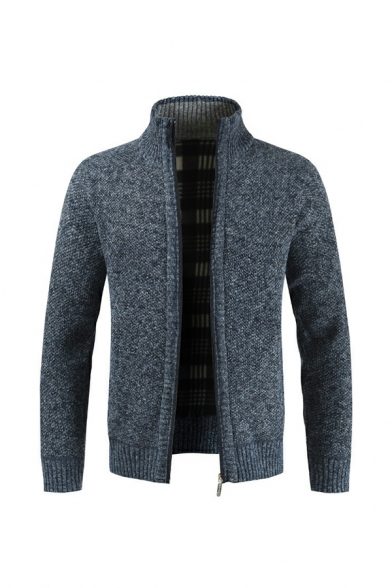 Casual Cardigan Heathered Stand Collar Brushed Full Zipper Ribbed Trim Cardigan for Men