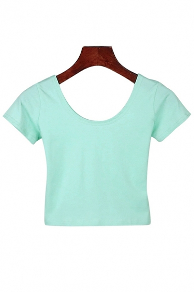 Casual Ladies Tee Shirt Round Neck Solid Color Short Sleeves Cropped Tee Shirt
