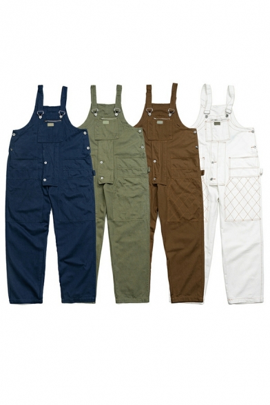 Fancy Overalls Solid Color Pocket Design Ankle Length Sleeveless Loose Overalls for Guys