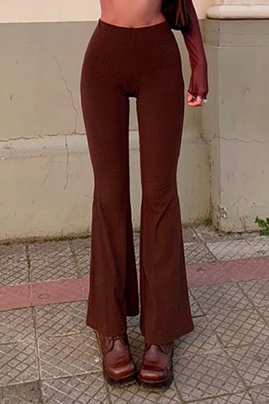 High Waist Flared Pants Women's Casual Fashion Plain Ribbed Elastic Waist Trousers