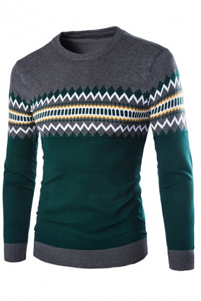 Men's Colorblock Pullover Sweater Casual Long Sleeve Round Neck Knit Sweater