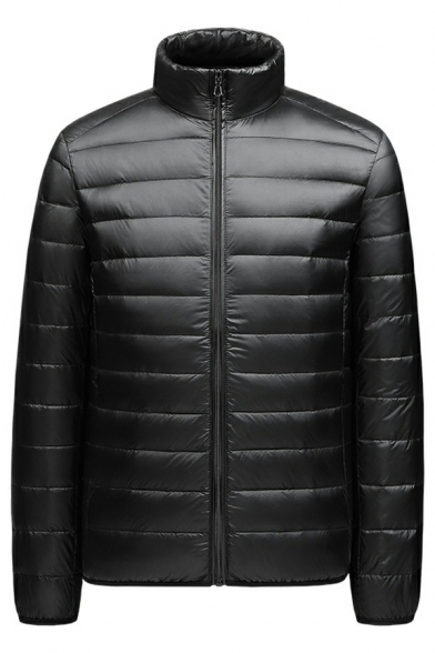 Popular Guys Parka Coat Plain Pocket Design Stand Neck Long Sleeves Zipper Parka Coat