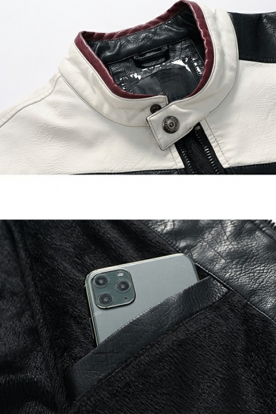 Trendy Guys Jacket Contrast Color Long Sleeve Stand Collar Slim Zip Closure Leather Jacket