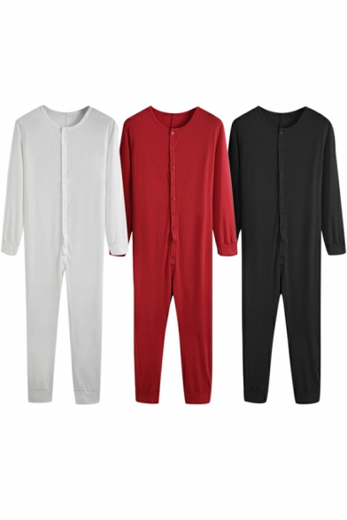 Trendy Men Jumpsuits Whole Colored Long-sleeved Round Collar Regular Button Fly Jumpsuits