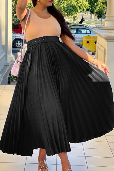 Unique Girls Skirt Solid High Elastic Waist Belt Designed Maxi Length Pleated Skirt