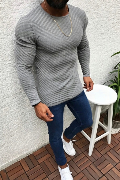 Vintage Sweater Plain Round Neck Ribbed Trim Sweater for Men