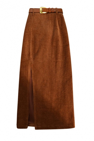 Women Retro Skirt Solid Color Slit Detail High Rise Belt Corduroy A-Line Skirt