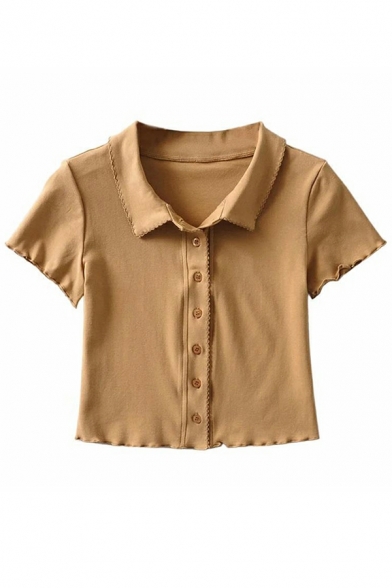 Classic Ladies Polo Shirt Solid Short Sleeves Button Fly Spread Collar Crop Polo Shirt