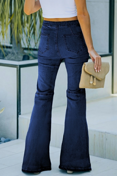 Fancy Women Jeans Solid Ankle Length Pocket Mid Rise Bootcut Zip Closure Jeans