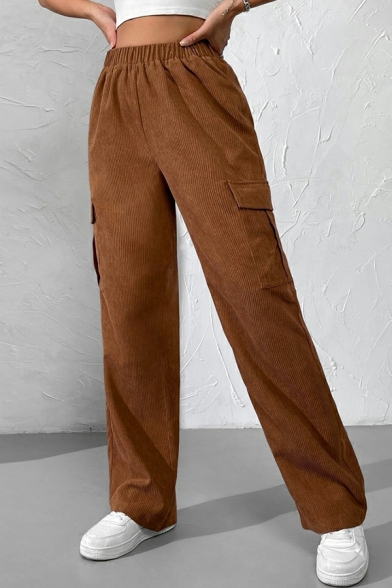 Fashion Ladies Pants Solid Flap Pocket Loose Long Length Elastic Waist Cargo Pants