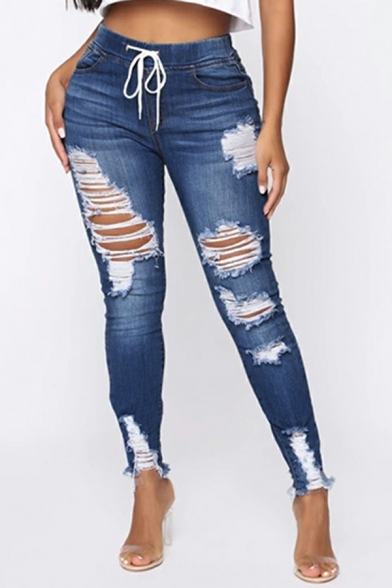 Hot Jeans Pure Color Cut-outs Ankle Length Slim High Rise Drawstring Waist Jeans for Women