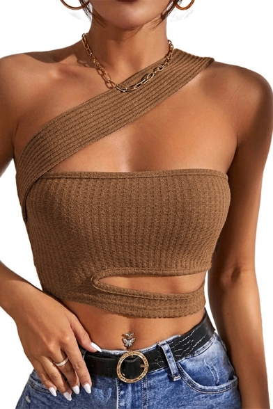 Ladies Hot Tank Top Whole Colored Sloping Shoulders Hollow Out Knit Wrap Tank Top