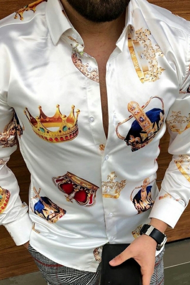 Spring and Autumn New Men's Shirt Long-sleeved Casual Crown Print Button Down Top