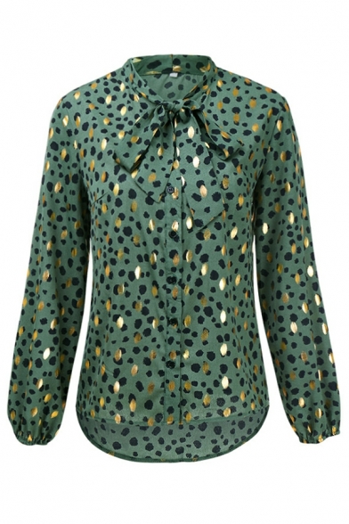 Urban Blouse Leopard Printed Stand Collar Chiffon Bishop Sleeve Blouse for Women
