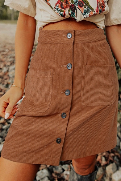 Women Urban Skirt Whole Colored Pocket Detail Mini Mid Rise Button Closure A-Line Skirt