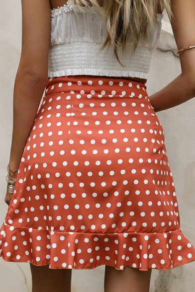 Classic Girls Skirt Polka Dots Print Button Design Sashes High Rise Ruffles A-Line Skirt