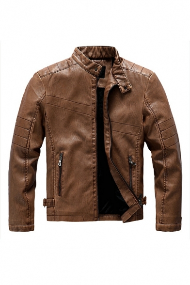 Cool Jacket Pure Color Pocket Long Sleeve Stand Collar Slim Zip-up Leather Jacket for Guys