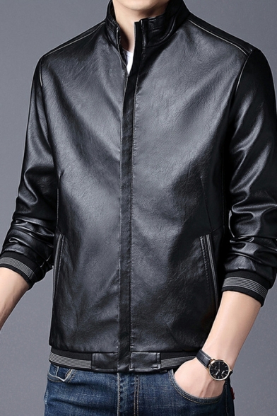 Guy's Chic Jacket Solid Color Stand Collar Regular Zipper Zip Placket Leather Jacket
