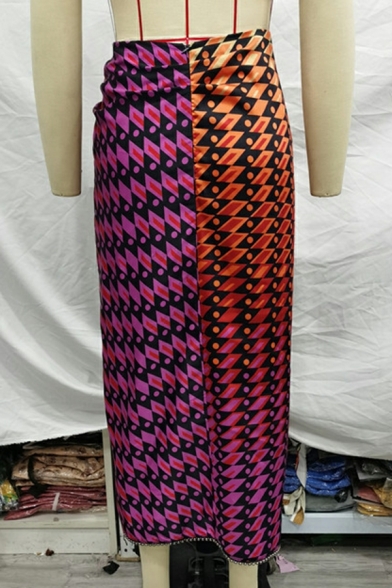 Ladies Original Skirt Print Split Front High Waist Ribbons Midi Tube Skirt