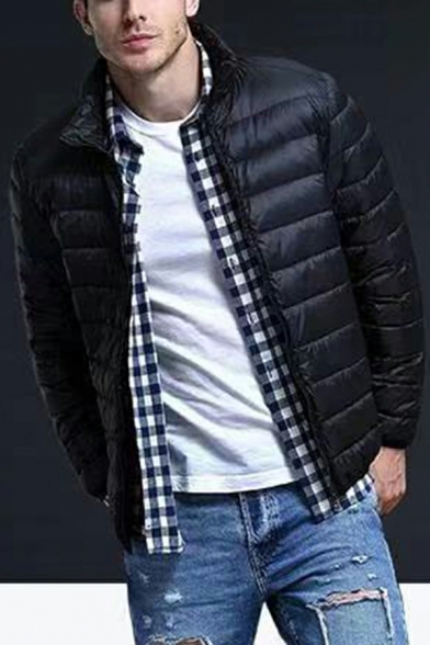 Leisure Men Parka Coat Plain Pocket Design Stand Collar Long Sleeve Fit Zip Fly Parka Coat