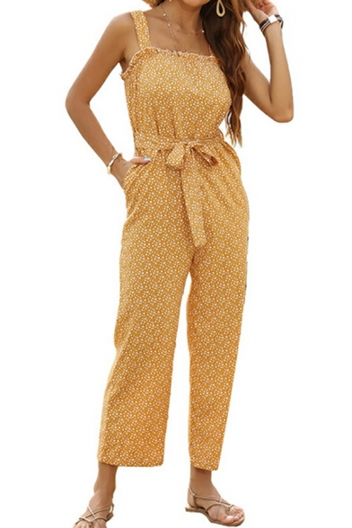 Popular Girls Jumpsuits Floral Print Ribbon Detail Spaghetti Straps Ankle Length Jumpsuits