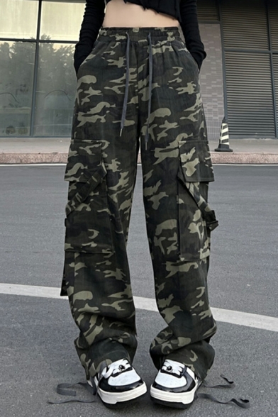 Retro Hip-hop Camouflage Pants Women Loose Street Straight Casual Laced Military Pants