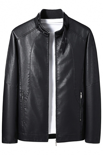 Street Style Guy's Jacket Solid Color Pocket Designed Long Sleeves Zipper Leather Jacket