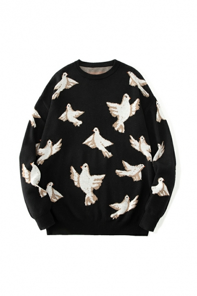 Stylish Guys Sweater Bird Pattern Oversized Long Sleeves Crew Neck Pullover Sweater