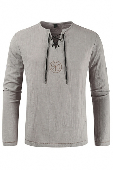 Basic Guys Tee Shirt Geometric Print Long-sleeved Crew Neck Drawstring Detail Tee Top