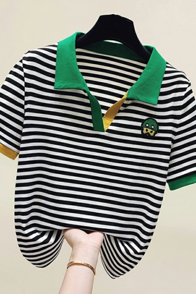 Edgy Polo Shirt Contrast Line Pattern Short Sleeve Polo Shirt for Women