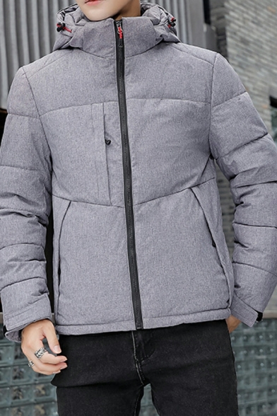 Edgy Puffer Coat Plain Hooded Full Zipper Puffer Coat for Men