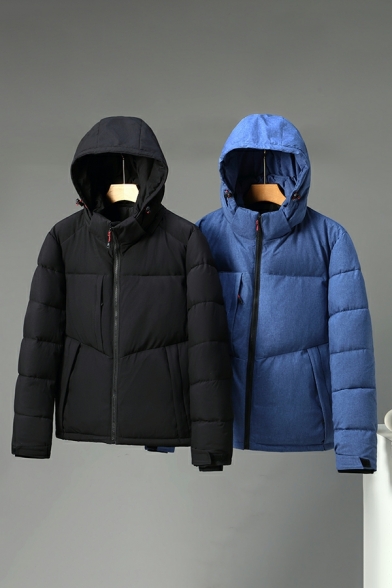 Edgy Puffer Coat Plain Hooded Full Zipper Puffer Coat for Men