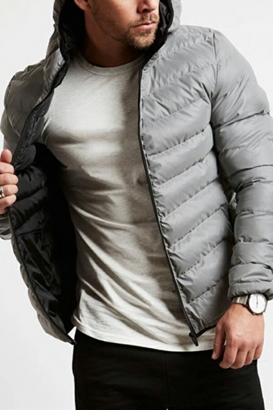 Elegant Puffer Coat Contrast Line Pattern Hooded Full-Zip Puffer Coat for Men