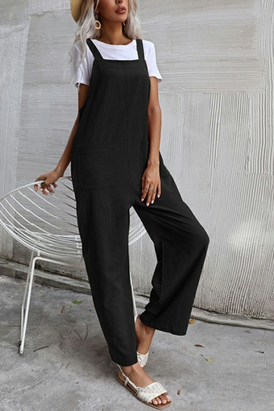 Fashionable Ladies Overalls Solid Pocket Front Sleeveless Oversized Long Length Overalls