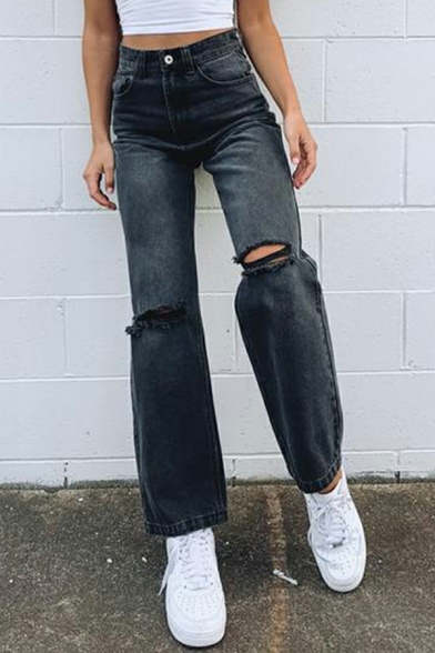 Girls Vintage Jeans Whole Colored Broken Hole High Rise Full Length Zip down Jeans