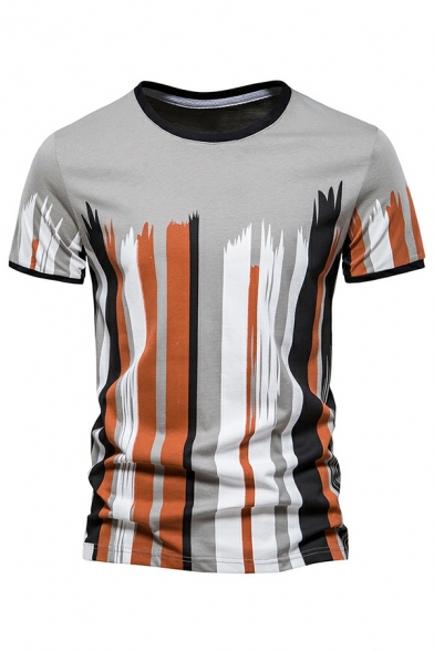 Guys Novelty Tee Top Stripe Printed Short Sleeves Slimming Crew Neck T-Shirt