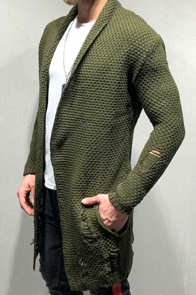Men's Medium Length Cardigan Solid Color Loose Open Front Ripped Knit Cardigan